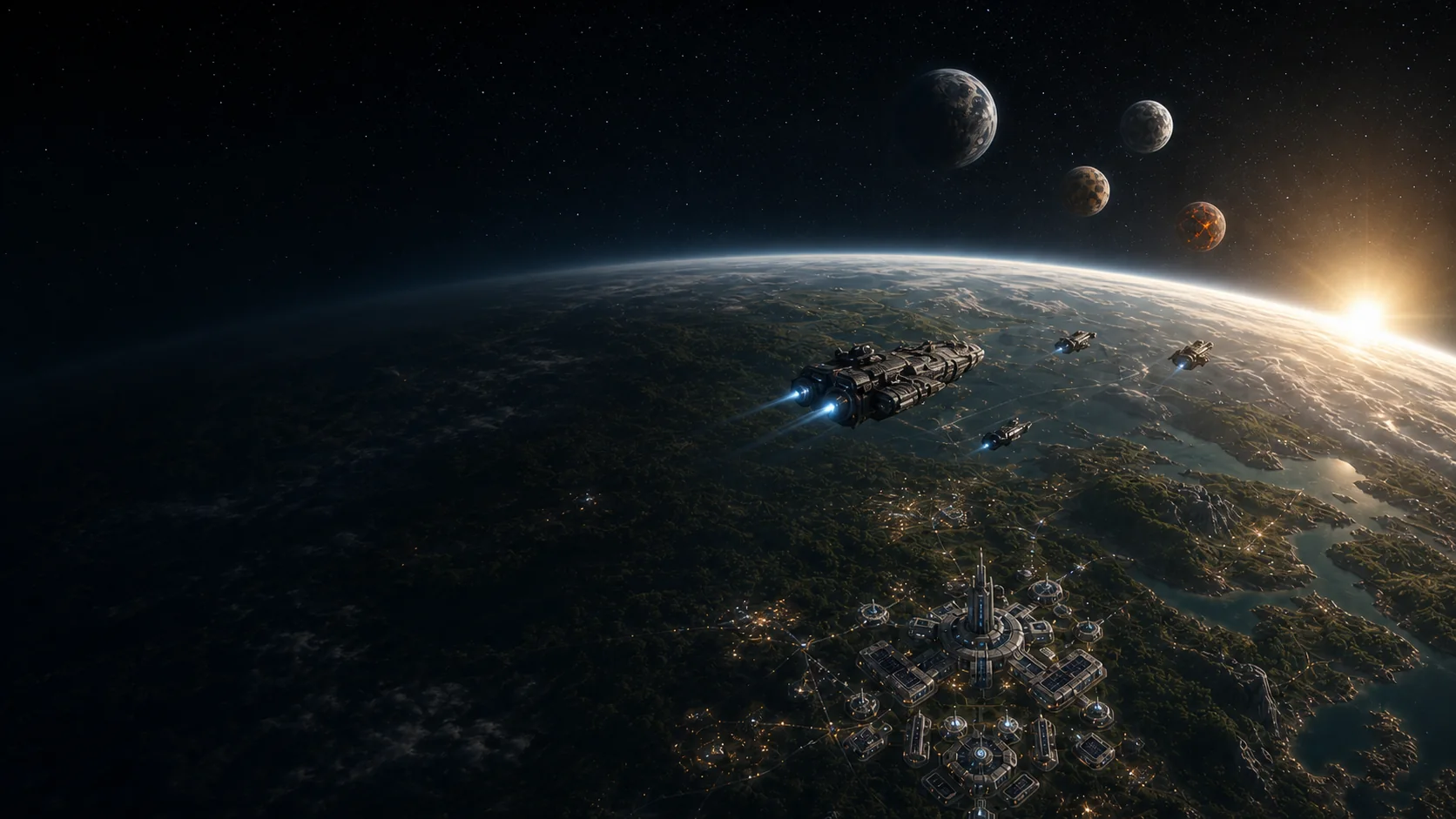 A command fleet crossing an inhabited planet at orbital sunrise