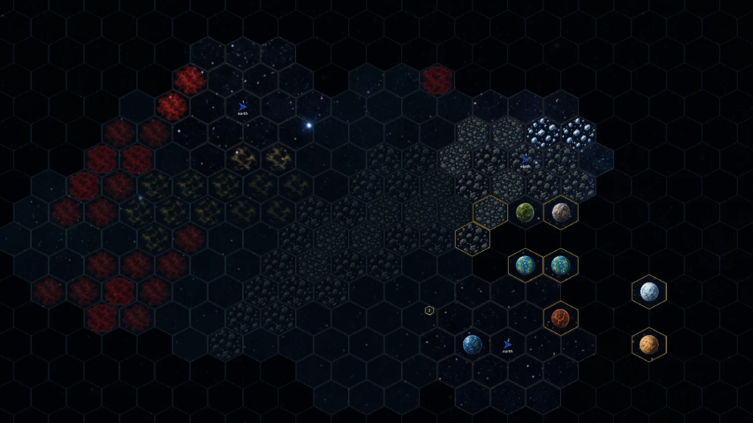 Strategic galaxy map showing illuminated explored hexes surrounded by dark unexplored fog of war
