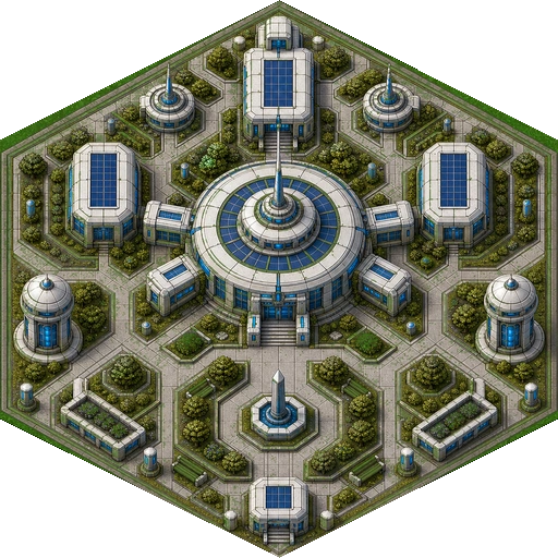 Top-down science-fiction town hall complex designed to occupy one surface hex